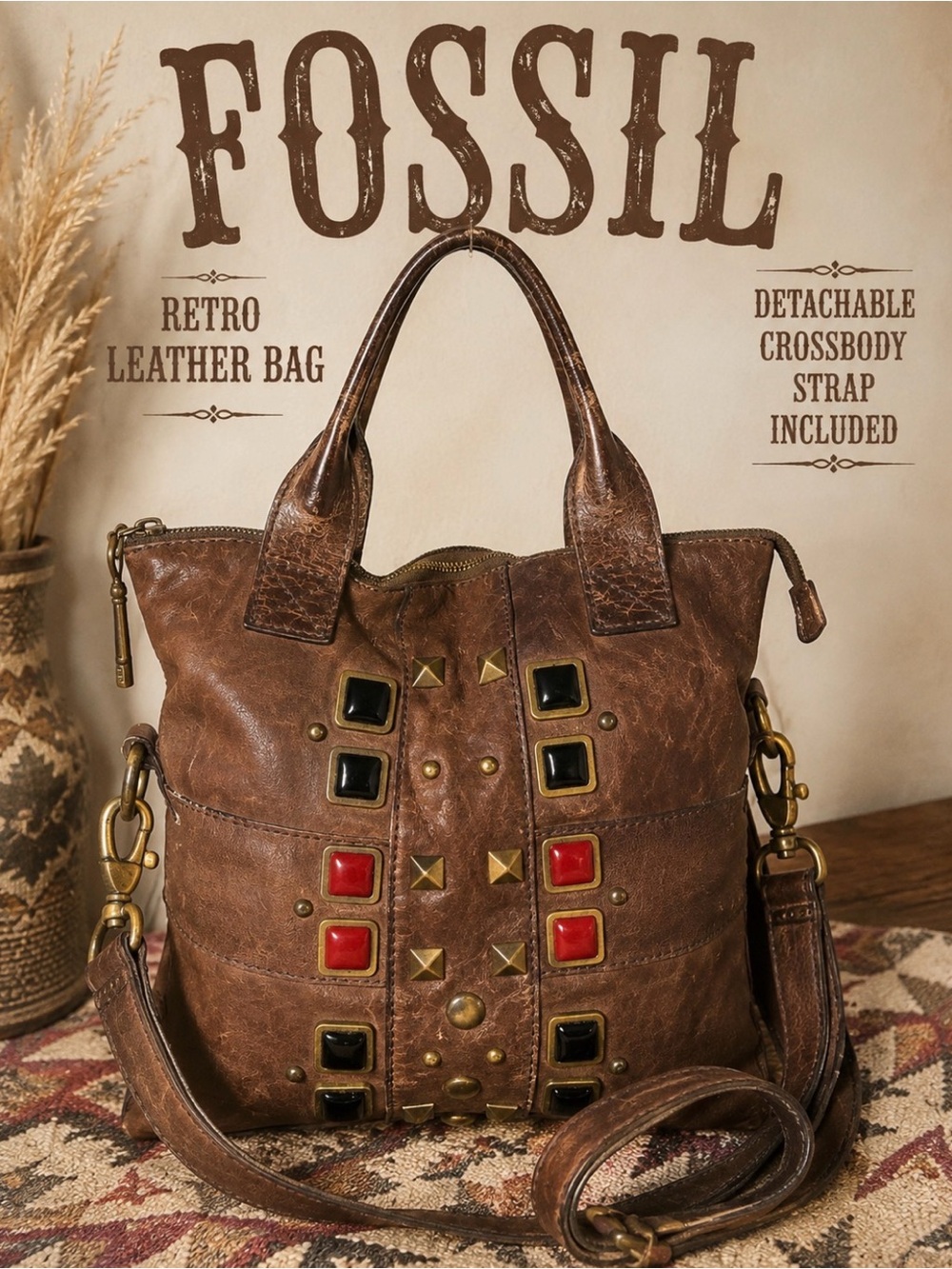 Fossil Brown Leather Shoulder Bag with Red & Black Studs